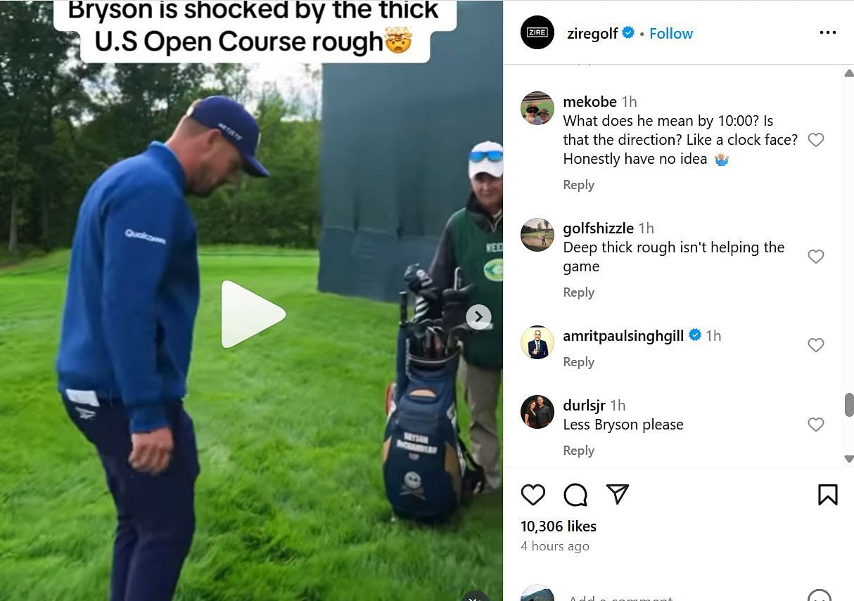 Fans comment under DeChambeau's play at Oakmont (Image Credit: via IG @Ziregolf)
